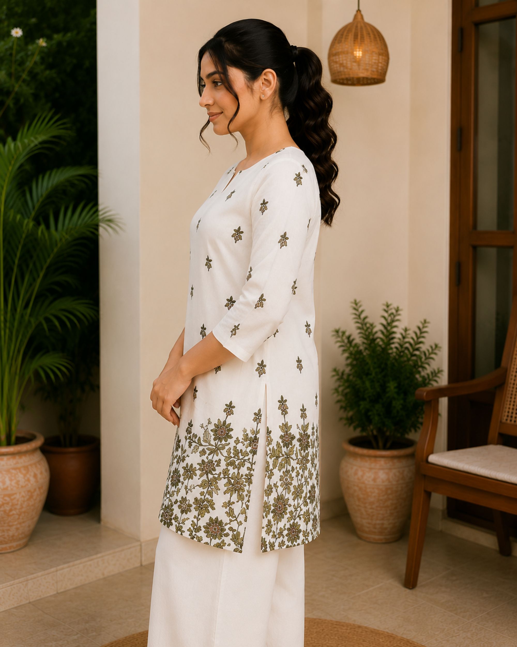 Women Floral Print Pure Cotton Straight  Kurti | Off White Olive Green | Notch  Neck | 3/4 Sleeve