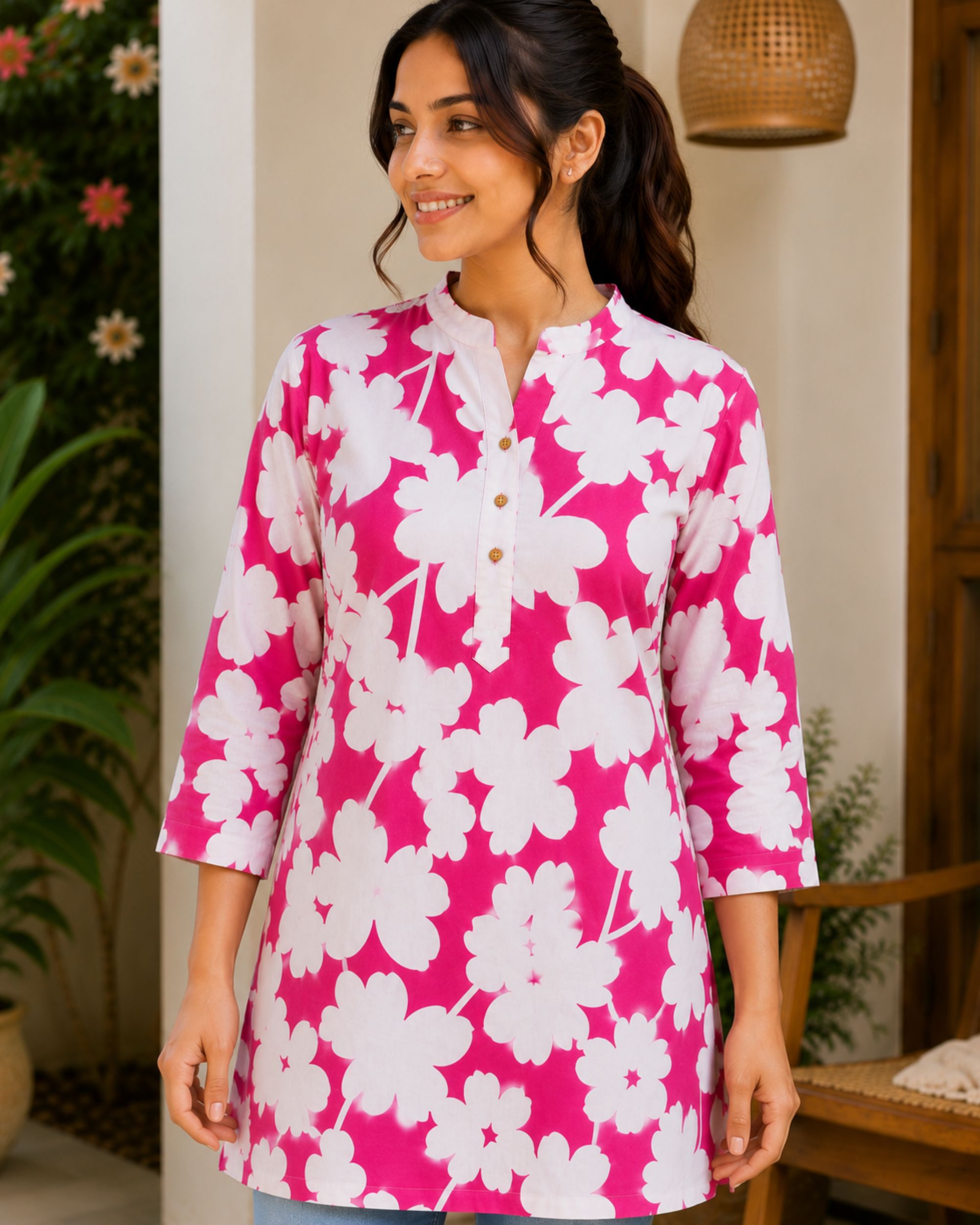 Women Bold Floral Print Pure Cotton  Straight Kurti | Blue & Pink | Band  Collar | Button Placket | 3/4 Sleeve