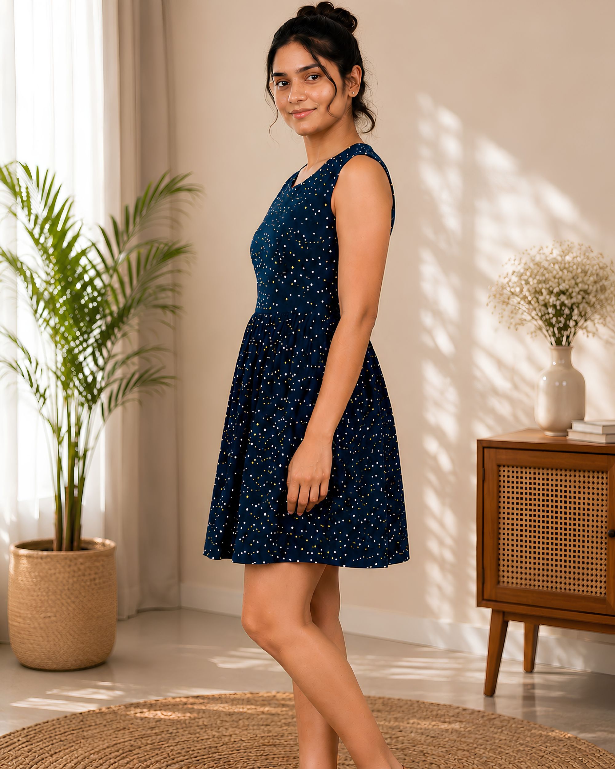 Aarco Aura Women Navy Blue Polka Dot Printed Flared Mini Dress Round Neck Sleeveless