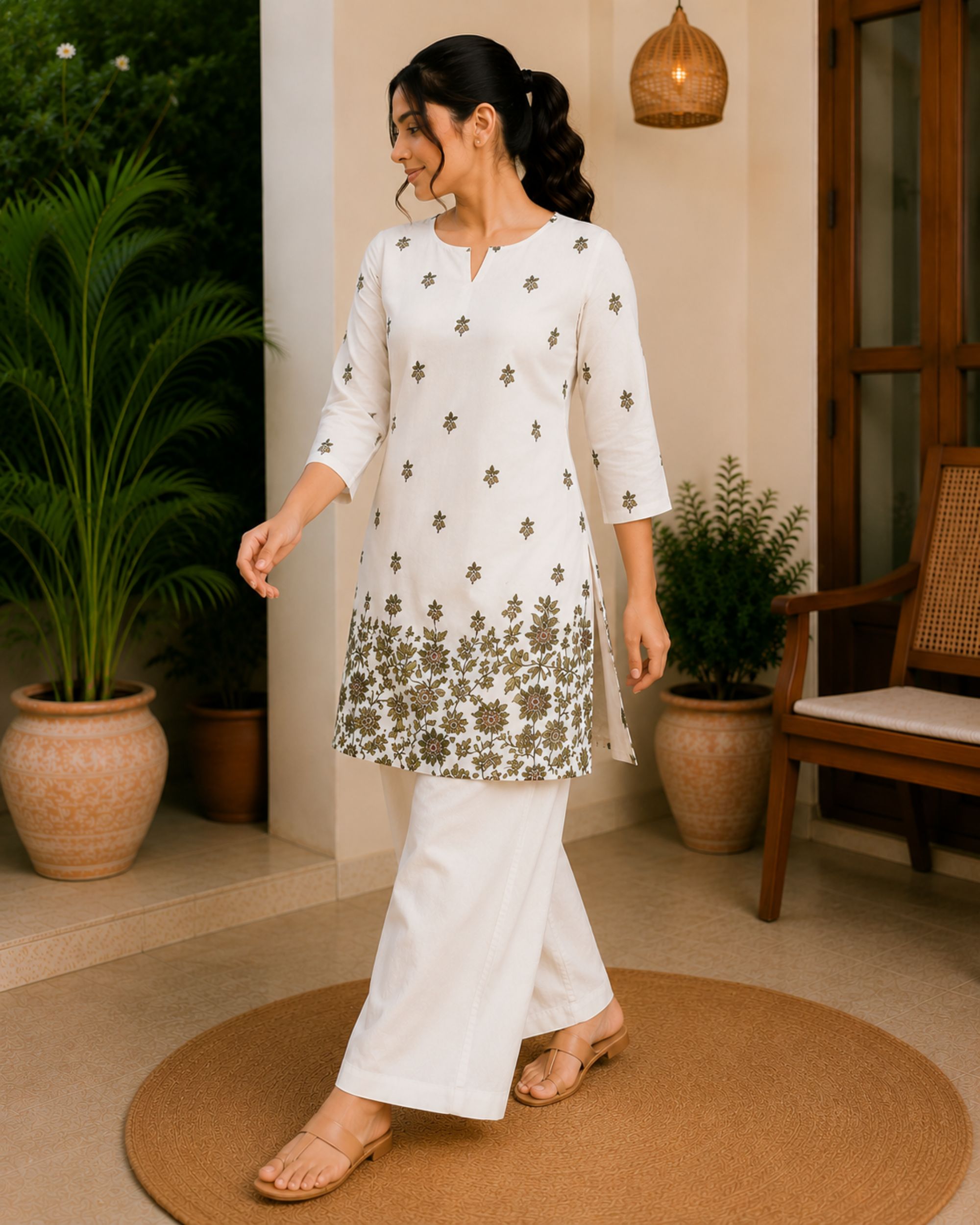 Women Floral Print Pure Cotton Straight  Kurti | Off White Olive Green | Notch  Neck | 3/4 Sleeve