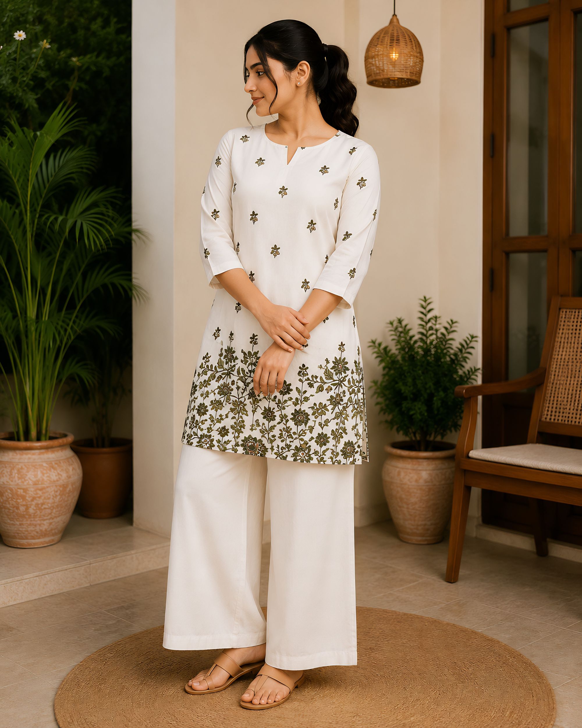 Women Floral Print Pure Cotton Straight  Kurti | Off White Olive Green | Notch  Neck | 3/4 Sleeve