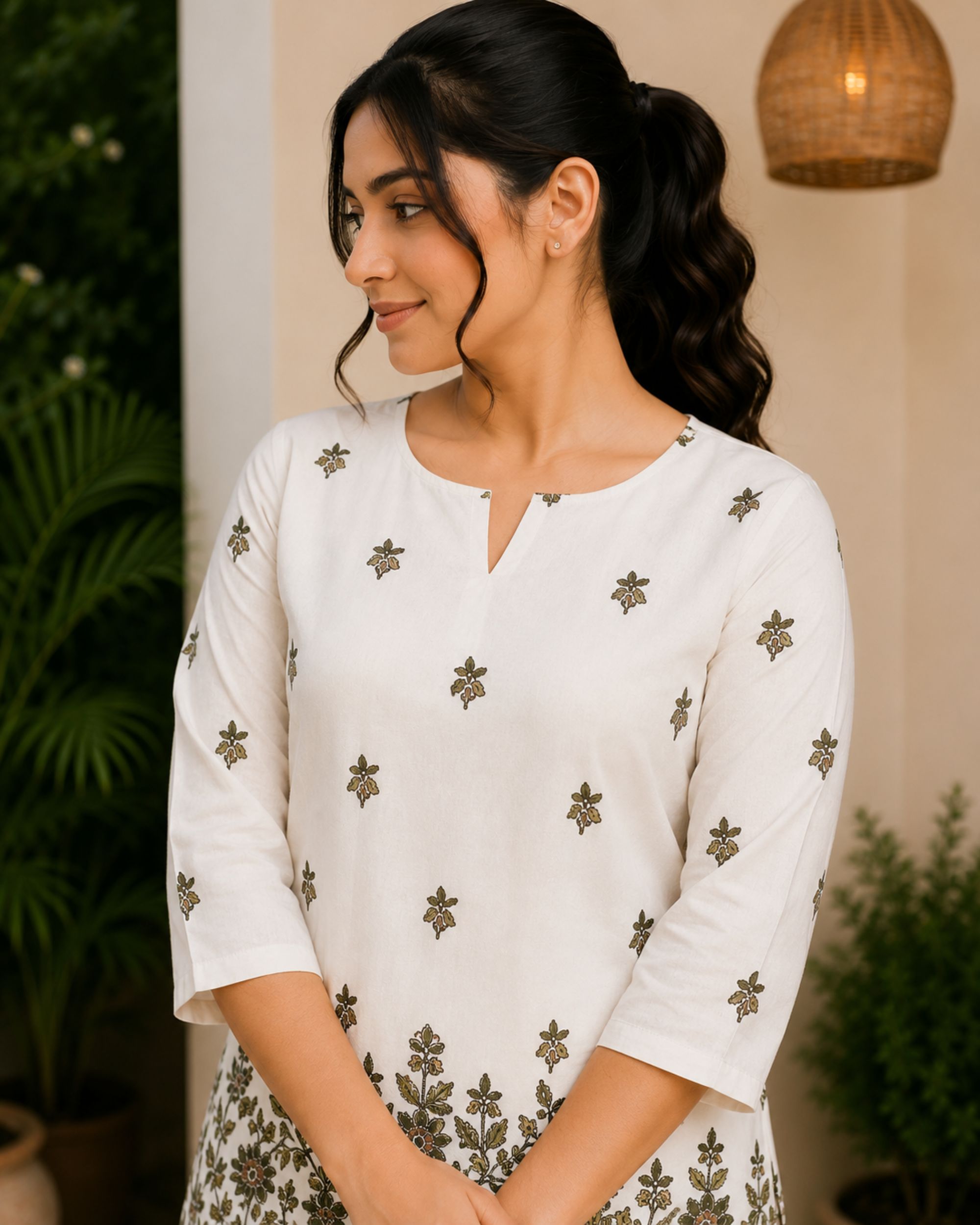 Women Floral Print Pure Cotton Straight  Kurti | Off White Olive Green | Notch  Neck | 3/4 Sleeve