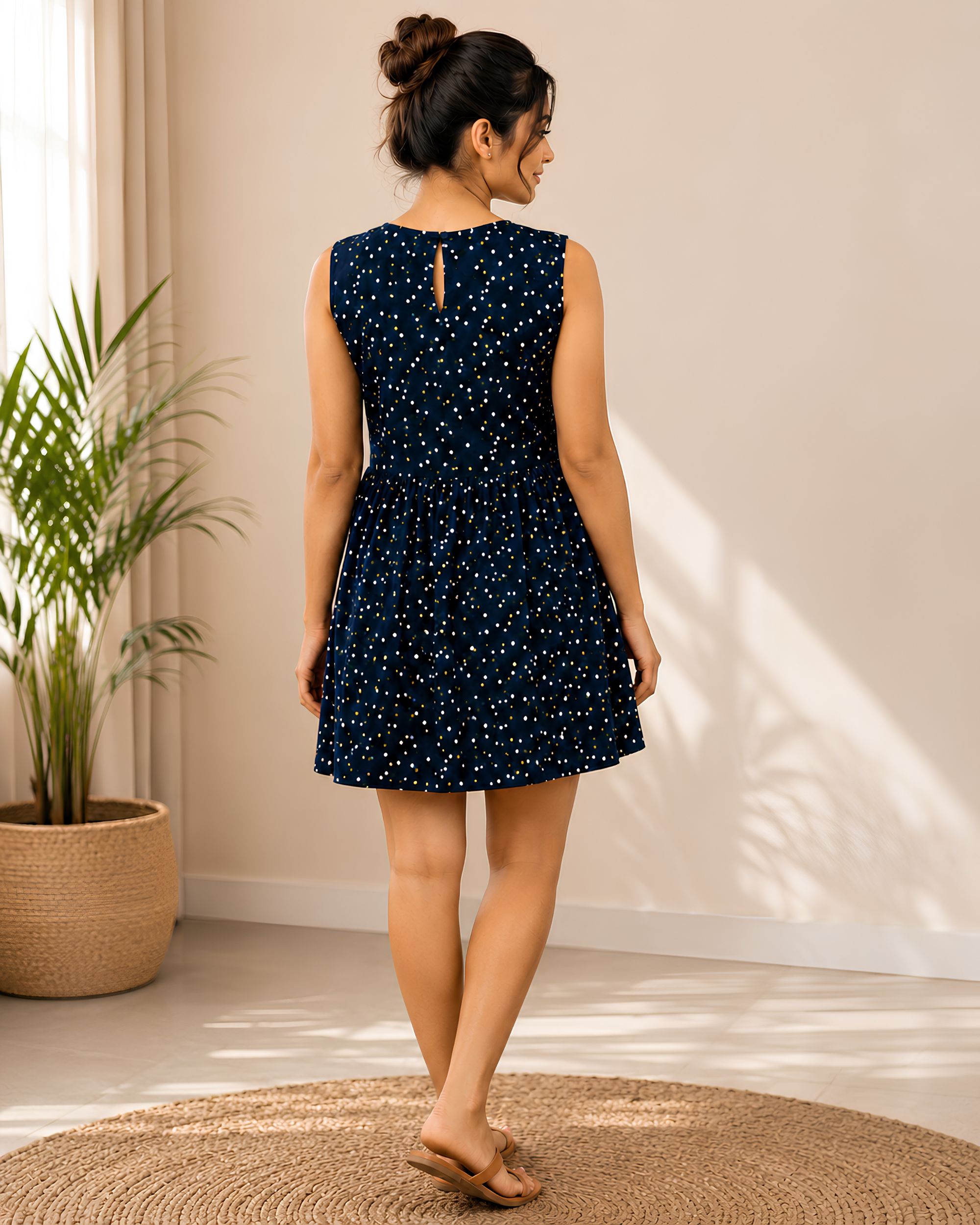 Aarco Aura Women Navy Blue Polka Dot Printed Flared Mini Dress Round Neck Sleeveless
