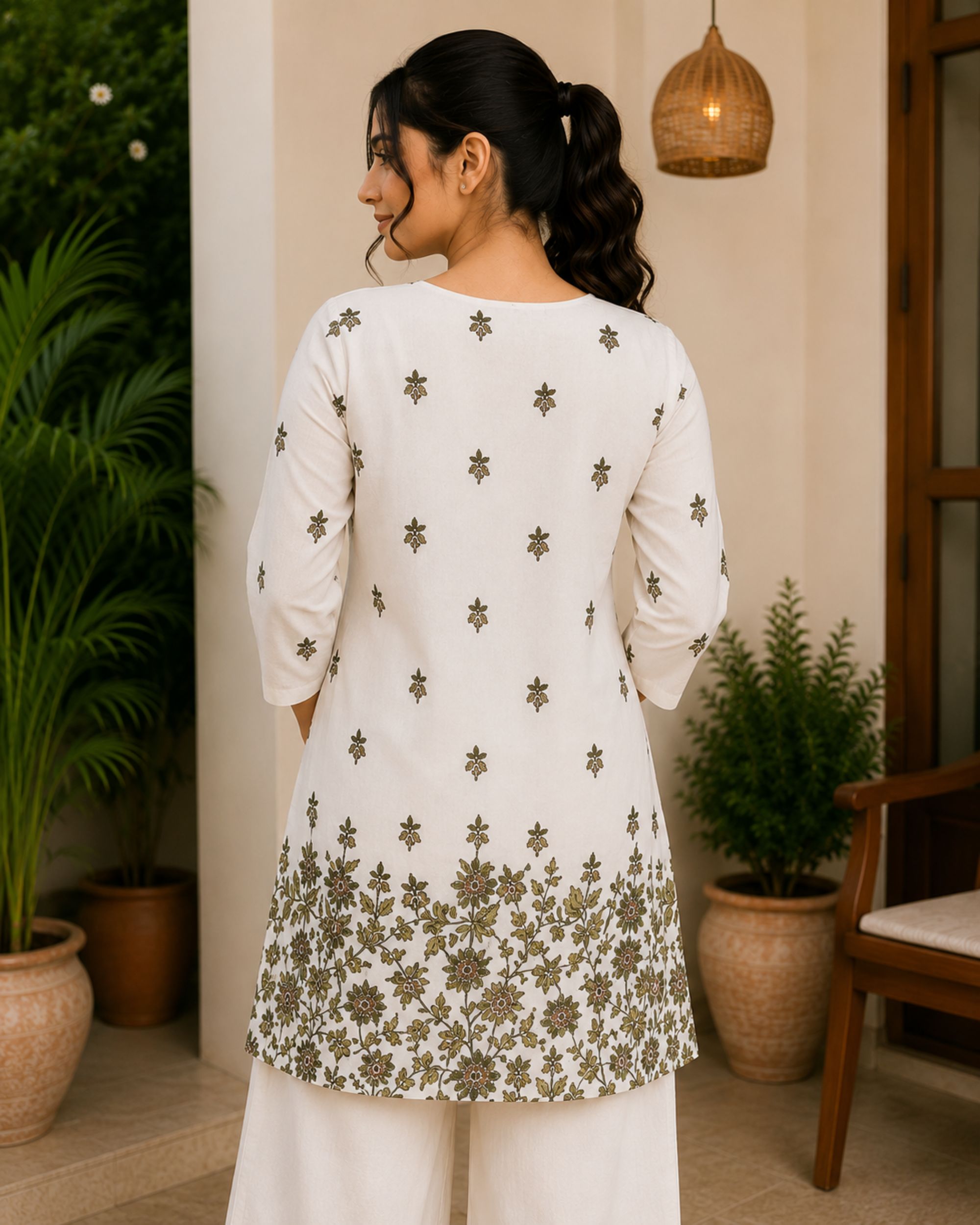 Women Floral Print Pure Cotton Straight  Kurti | Off White Olive Green | Notch  Neck | 3/4 Sleeve